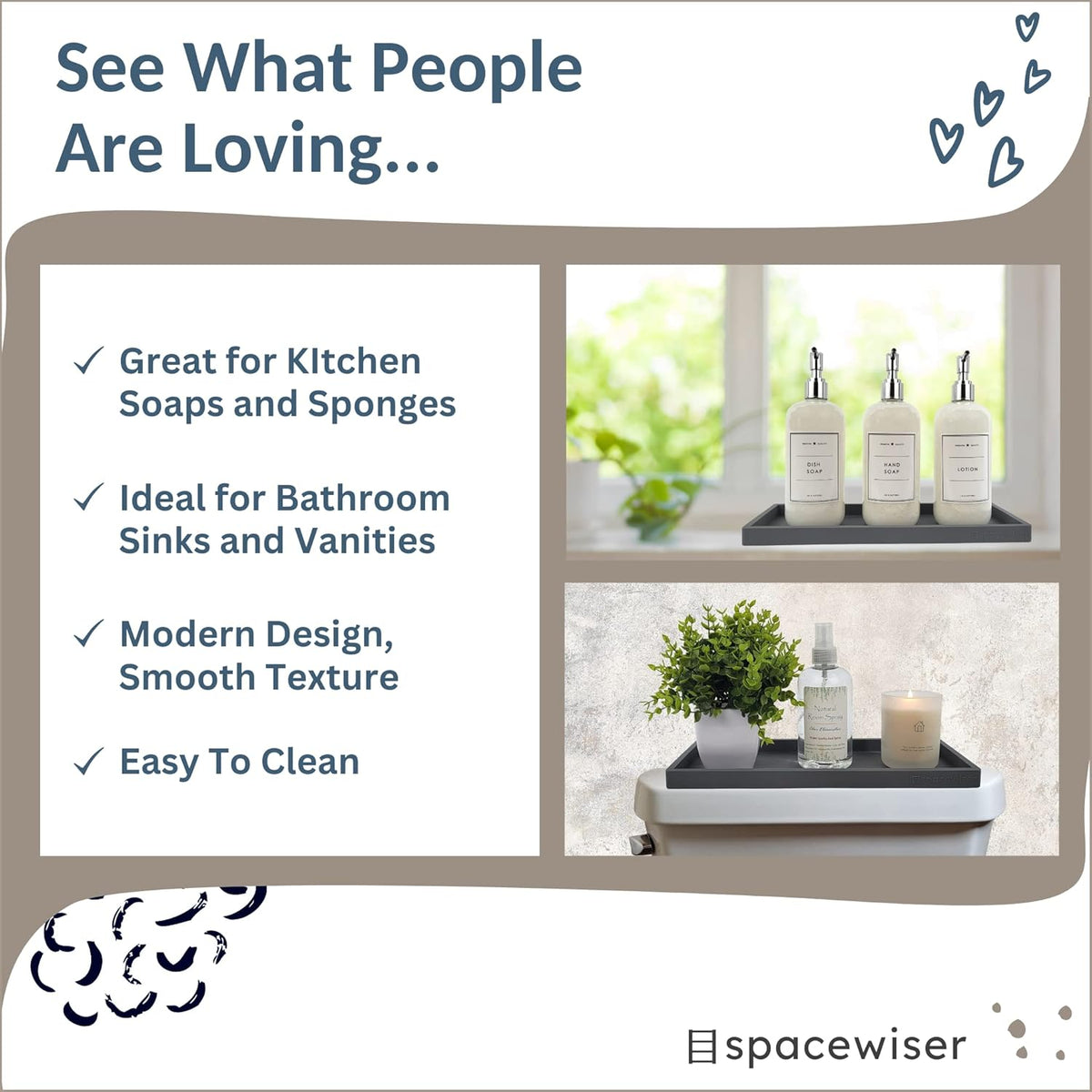 Countertop and Vanity Tray - 2 PC Large 11.7" Silicone Bathroom Trays, Counter Organizer, Dish Soap Sponge Holder Kitchen Sink Tray Organizer, Sink Caddy Toothbrush Key Kitchen Soap Trays