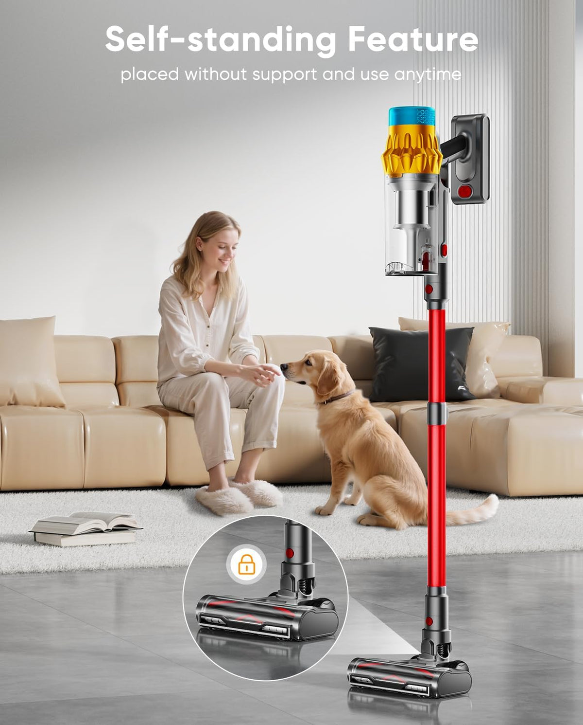 Cordless Vacuum Cleaner, 600W/50KPA, Max 70 Mins Runtime, Self-Standing Vacuum Cleaners for Home, Anti-Tangle Stick Vacuum, Smart Display Vacuum Cordless with 1.8L Cup for Pet Hair/Carpet (Red)