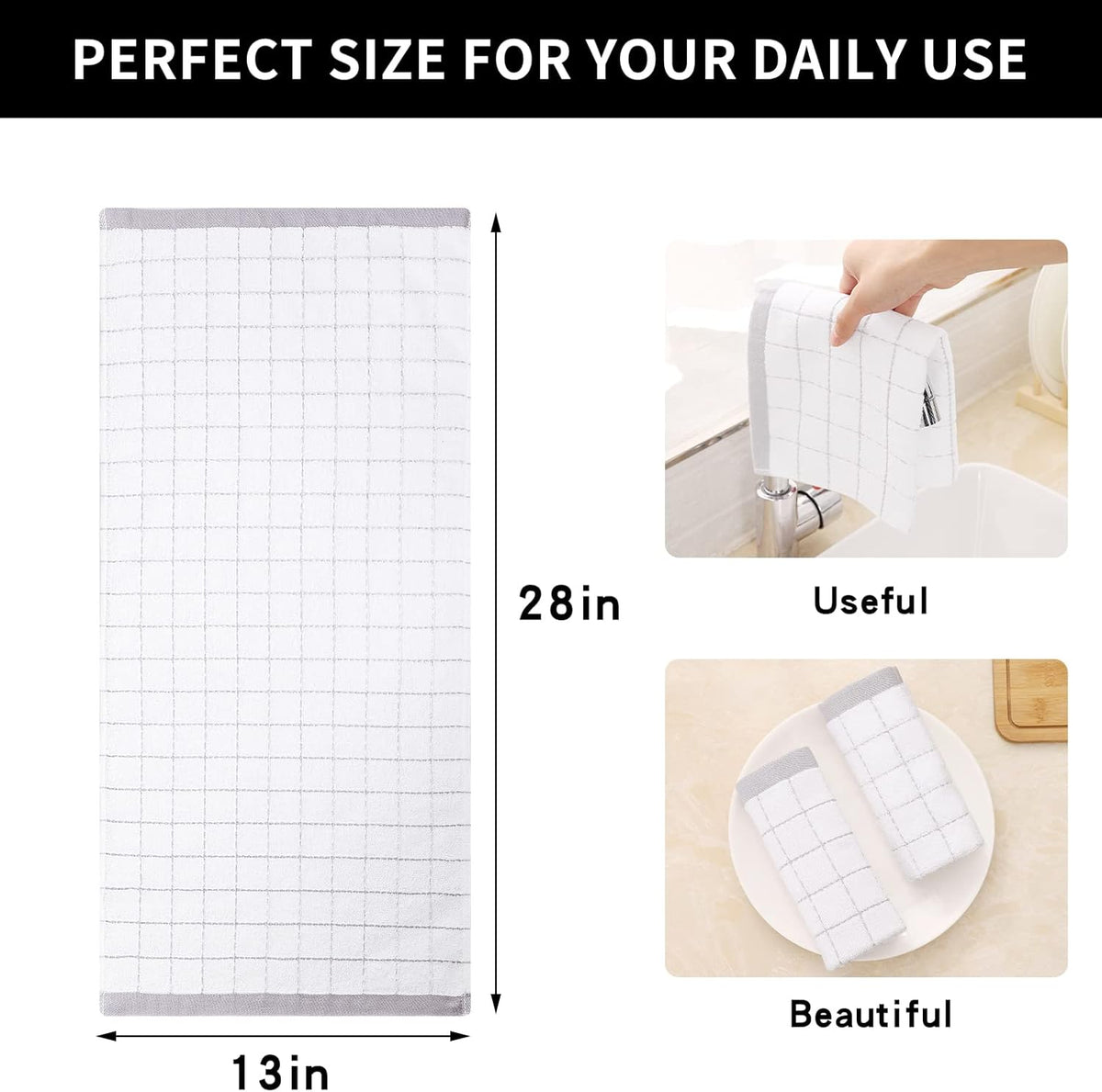 Homaxy 100% Cotton Terry Kitchen Towels(White, 13 x 28 inches), Checkered Designed, Soft and Super Absorbent Dish Towels, 4 Pack