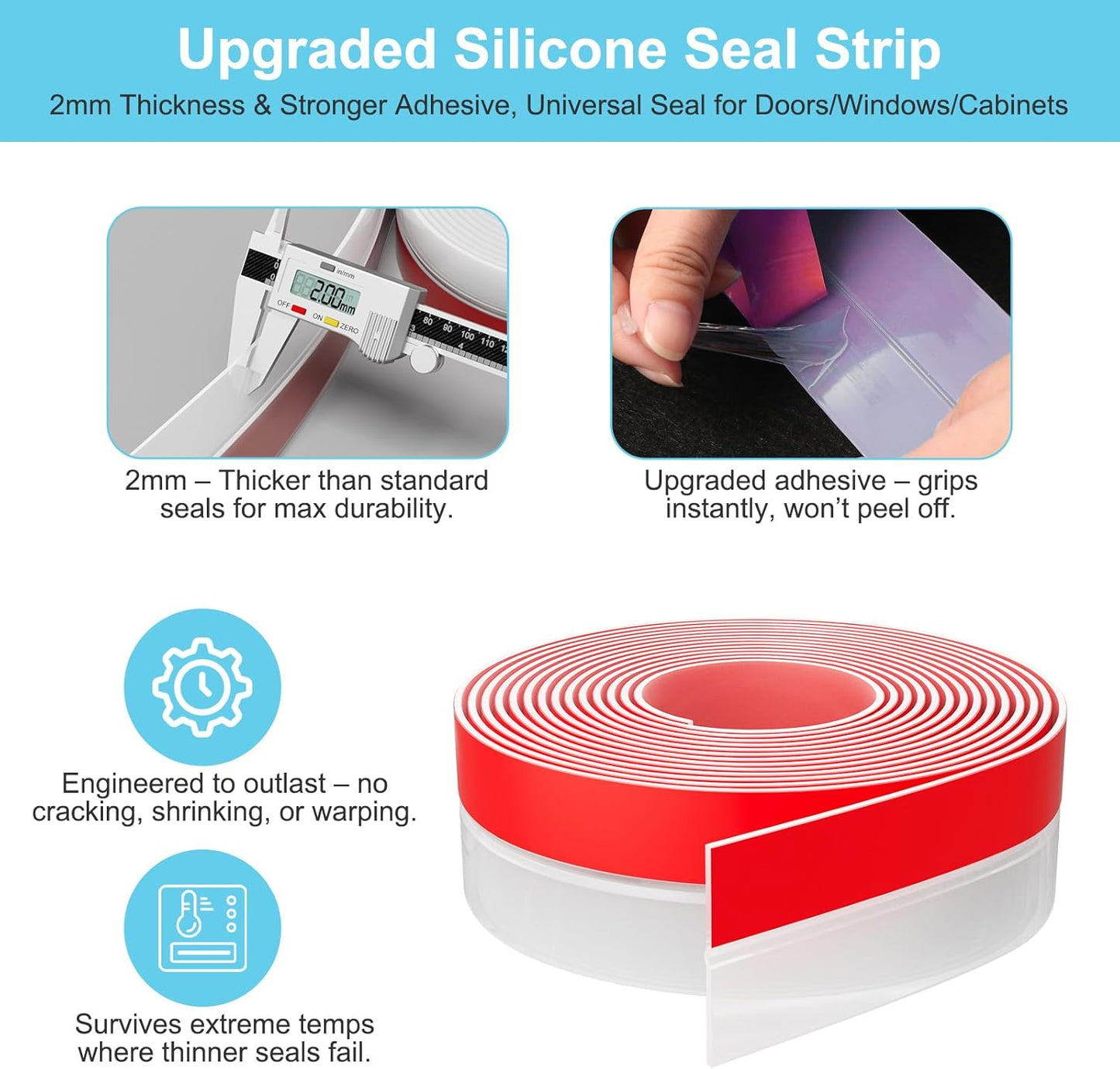 Heavy-Duty 36 ft x 2 in Weather Stripping, Extra Thick 2mm Door Draft Stopper Silicone Seal Strip for House and Glass Shower Doors for Collision and Side Gaps of Door and Windows, Clear