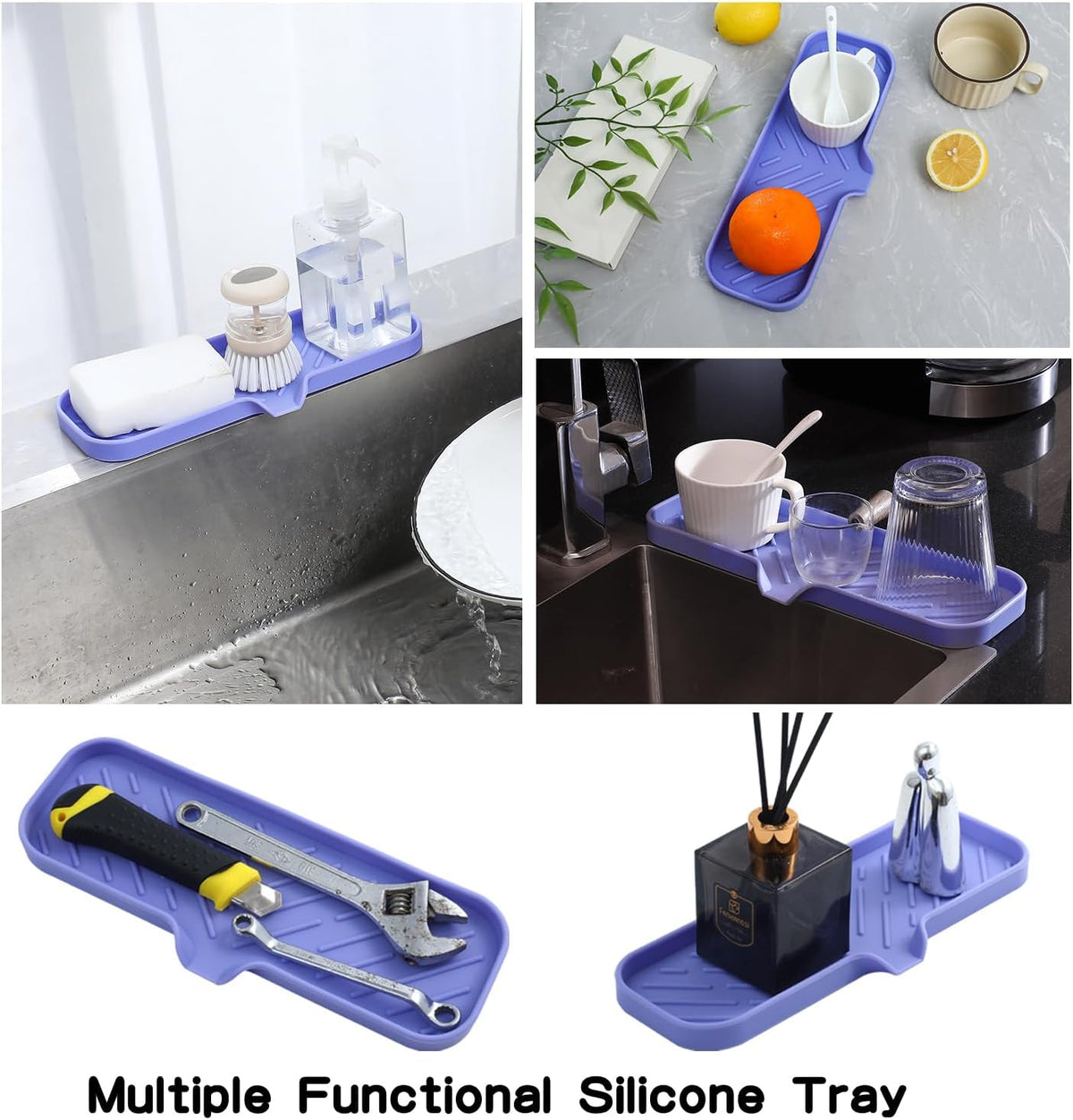 Silicone Bathroom Soap Dishes with Drain Spout-Bathroom and Kitchen Sink Organizer,Sponge Holder,Dish Soap Tray,Perfect for Dispenser,Scrubber,Bottle on Sink or Counter-Light Purple 12"×4"
