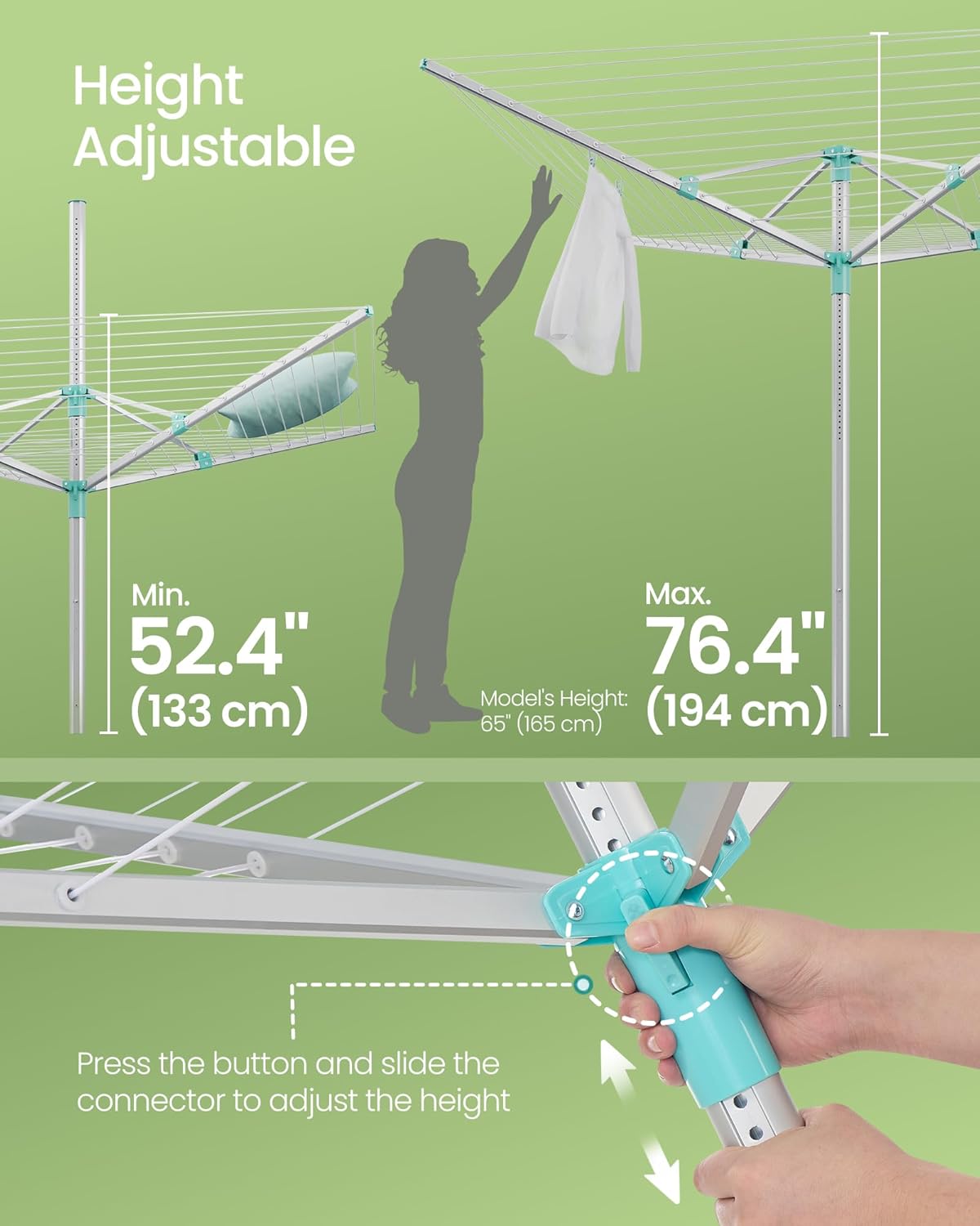 SONGMICS Umbrella Drying Rack, Retractable Outdoor Drying Rack, Height Adjustable, 197 ft Long Clothesline, Holds 6 Laundry Loads, for Garden, with Ground Spike, Cover, Silver and Green ULLR302E01