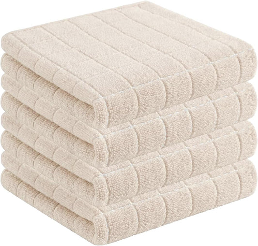 Homaxy 100% Cotton Terry Kitchen Towels(Beige, 13 x 28 inches), Checkered Designed, Soft and Super Absorbent Dish Towels, 4 Pack