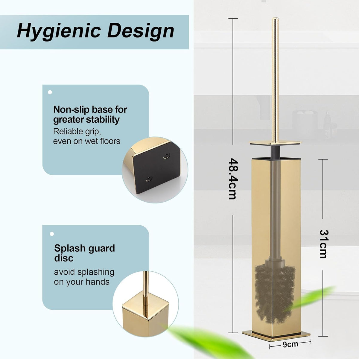Gold Toilet Brush with Holder 304 Stainless Steel Toilet Bowl Brush, Square Bathroom Cleaner Brush