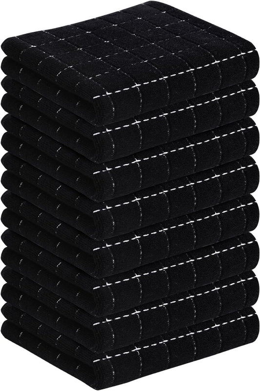 Homaxy 100% Cotton Terry Kitchen Towels(Black, 13 x 28 inches), Checkered Designed, Soft and Super Absorbent Dish Towels, 8 Pack