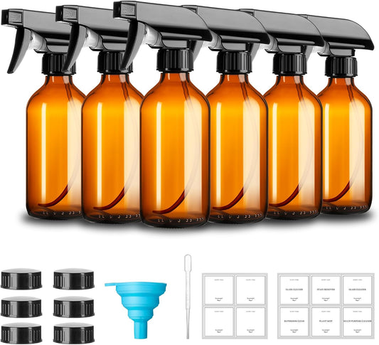 8oz Amber Glass Spray Bottles,6 Pack Glass Spray Bottles Refillable Empty Bottle with Adjustable Nozzle,Spray Bottle for Essential Oils,Cleaning Solutions,Pets,Hair Mister,Gardening