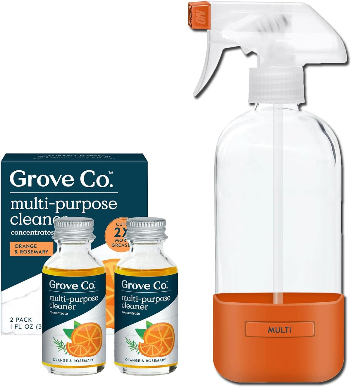 Grove Co. Multi-Purpose Cleaner, Refill Concentrate (2 x 1 Oz) + Glass Spray Bottle (16 Oz), Plant-based Household Cleaning Supplies Bundle, No Plastic Waste, 100% Natural Orange & Rosemary Scent