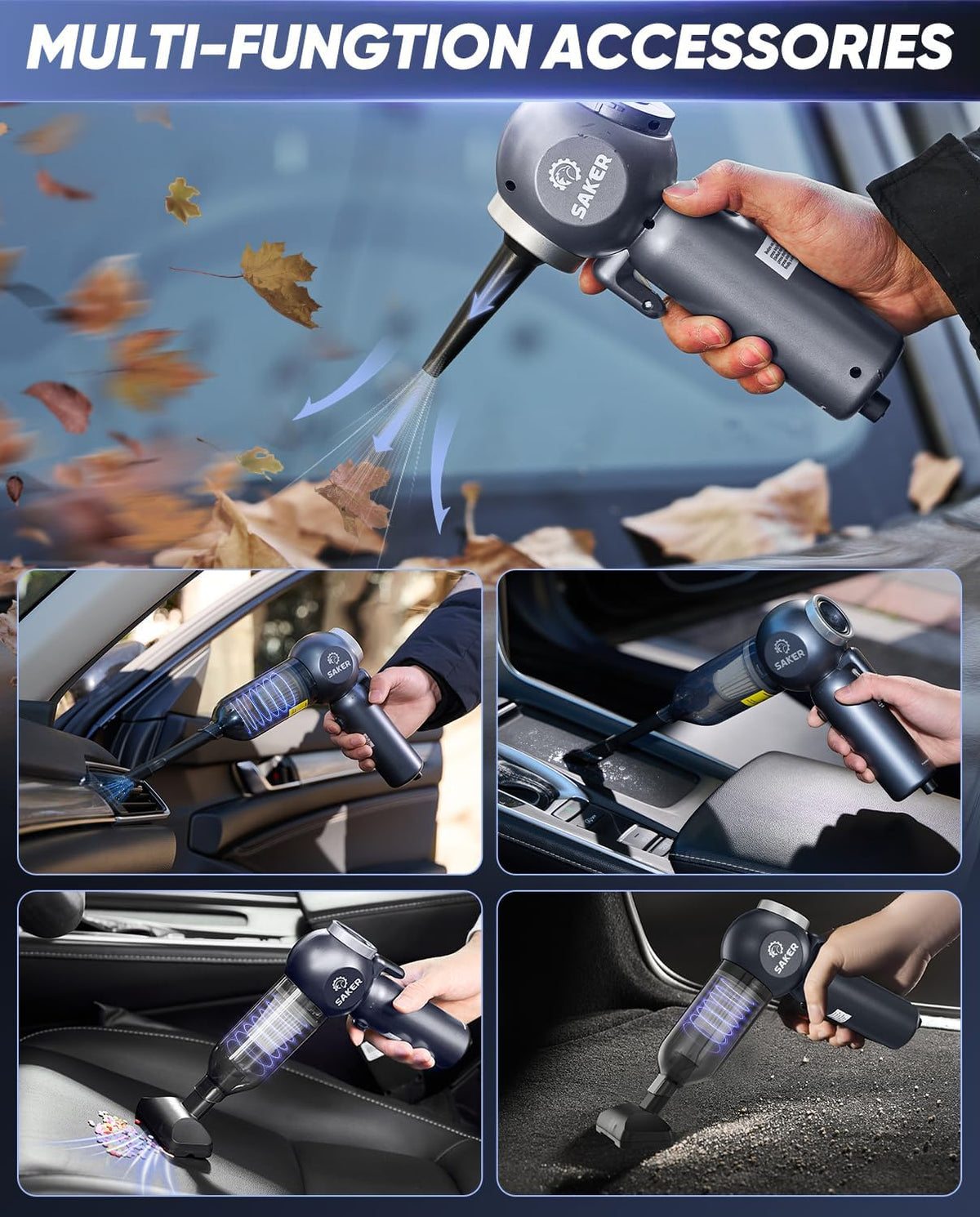 Saker 6 in 1 Car Vacuum Cleaner, 20000PA Handheld Vacuum Cordless Rechargeable 7800mAH with Type-C Reverse Charging, Window Breaker and Seatbelt Cutter for Car,Office and Home Cleaning,SW102 Blue Gray