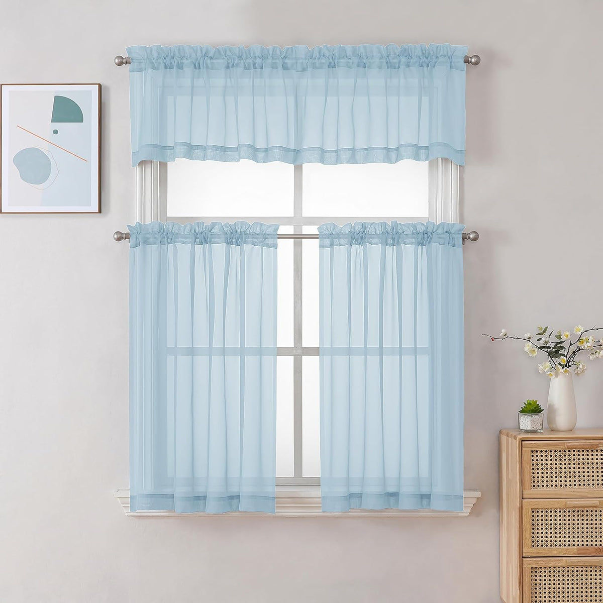 Chyhomenyc Sheer Sky Blue Tier Curtains 24 Inch Length, Small Window Curtains Treatment for Bathroom Living Room Basement, Short Rod Pocket Cafe Curtain, 42W x 24L Inches, 2 Panels