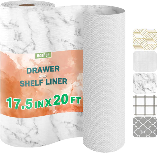 OcePor Non-Adhesive Drawer and Shelf Liner 17.5IN x 20FT，Non Slip Cabinet and Cupboard Liner, Kitchen Cabinet Liners for Shelves, Waterproof Drawer Shelf Liners for Cabinets/Bathroom Cupboard, Marble