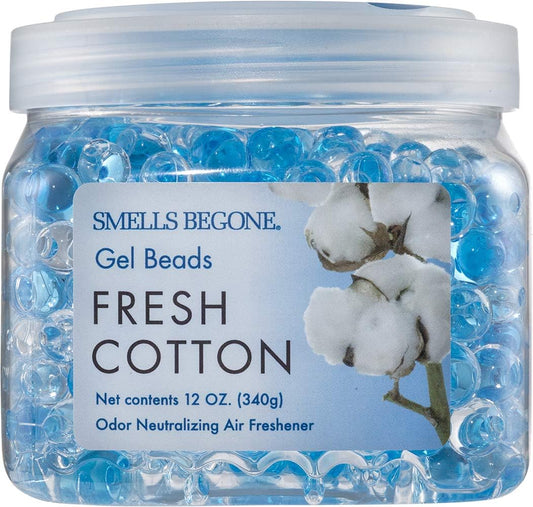 SMELLS BEGONE Odor Eliminator Gel Beads - Air Freshener - Eliminates Odor in Bathrooms, Cars, Boats, RVs & Pet Areas - Made with Essential Oils - Fresh Cotton Scent - 12 Ounce