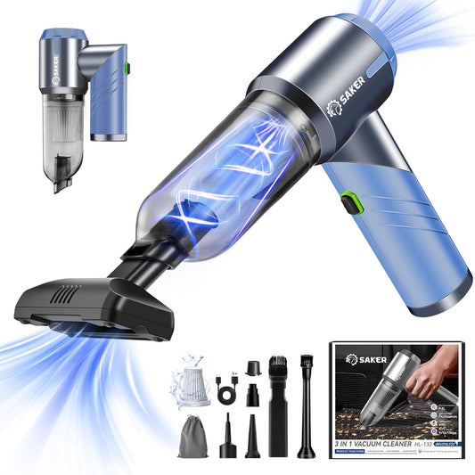 Saker Portable Car Vacuum Cleaner Cordless High Power 17000PA 3 in 1 Foldable Handheld Vacuum Cordless with Brushless Motor for Inflation,Dust Blowing,Home Car Cleaning HL132 Blue