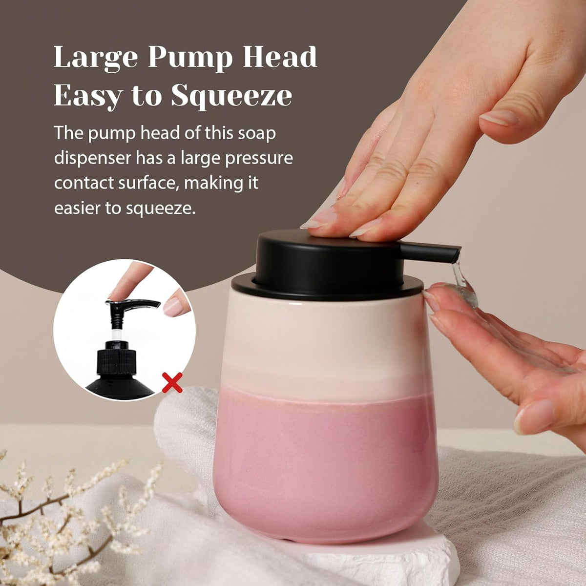 INGOFIN Ceramic Hand Soap Dispenser - 12 oz Liquid Lotion Dispenser Bathroom, Refillable Modern Dish Soap Dispenser with Pump for Kitchen, Beige and Pink