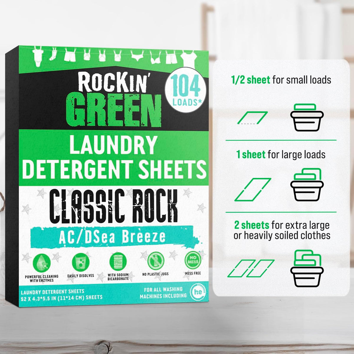 Rockin' Green Travel Laundry Detergent Sheets - Mess-Free Laundry Sheets Detergent Powerful Cleaning with Sodium Bicarbonate - Easily Dissolvable Laundry Soap Sheet (104 Loads, AC/DSea Breeze)