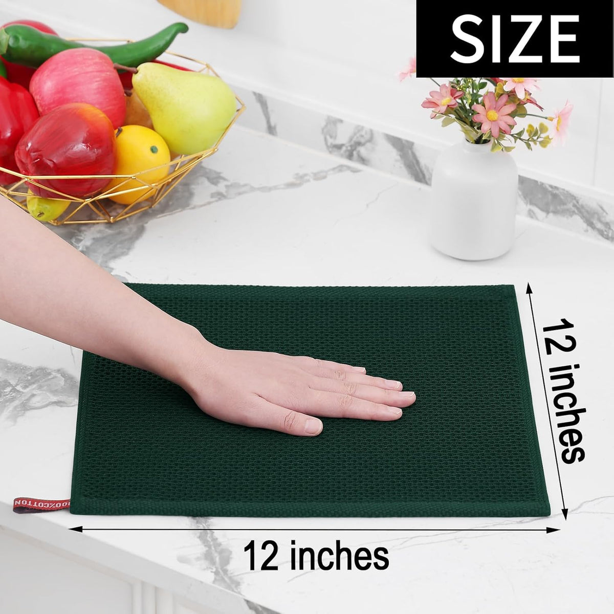 Homaxy 100% Cotton Waffle Weave Kitchen Dish Cloths, Ultra Soft Absorbent Quick Drying Dish Towels, 12 x 12 Inches, 6-Pack, Blackish Green