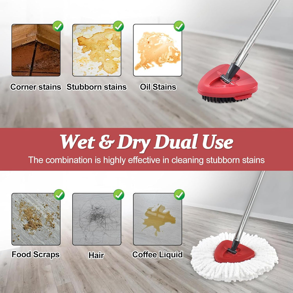 Spin Mop Handle Replacement for Ocedar, Mop Heads Replacements Compatible with O-Cedar EasyWring 1-Tank System, Include 4-Section Handle, 2 Replace Heads,1 Scrub Brush, 1 Base for O Cedar Spin Mops