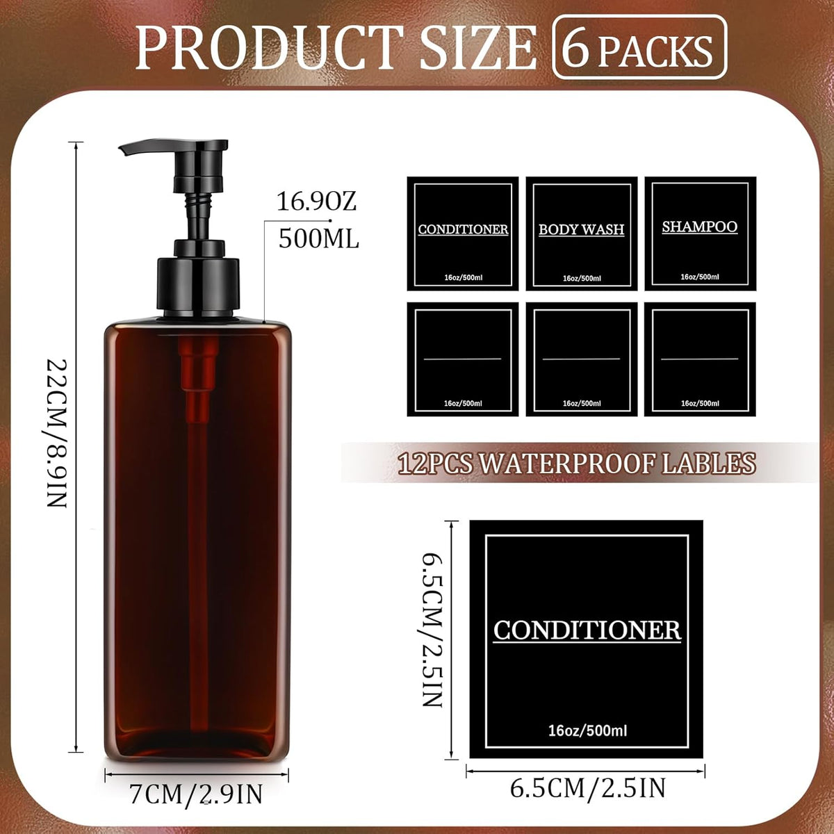 Tanlade 6 Pcs Shampoo and Conditioner Dispenser Bottles 16oz Modern Shower Soap Bottles with Pump, Labels and Marker Pen Easy to Refill Body Wash Dispensers for Home Bathroom Decoration(Brown)