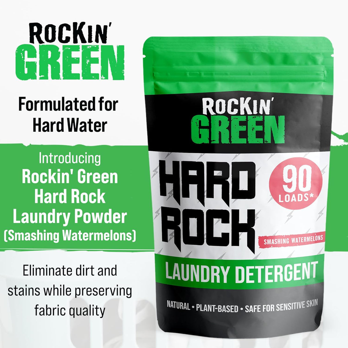 Rockin' Green Hard Rock Laundry Detergent for Hard Water (90 Loads), Plant based, Natural Laundry Detergent Powder, Biodegradable Odor Fighter, Safe for Sensitive Skin, 45 oz (Smashing Watermelons)