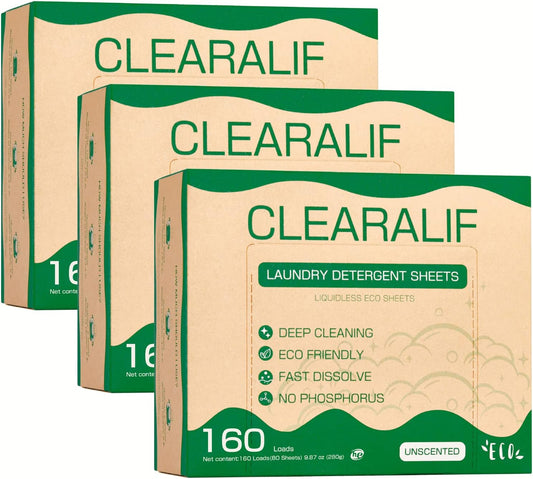 CLEARALIF Laundry Detergent Sheets (480 Loads), Unscented,Great For Travel, Apartments, Dorms, Laundry Detergent Strips Eco Friendly & Hypoallergenic (Pack of 3)