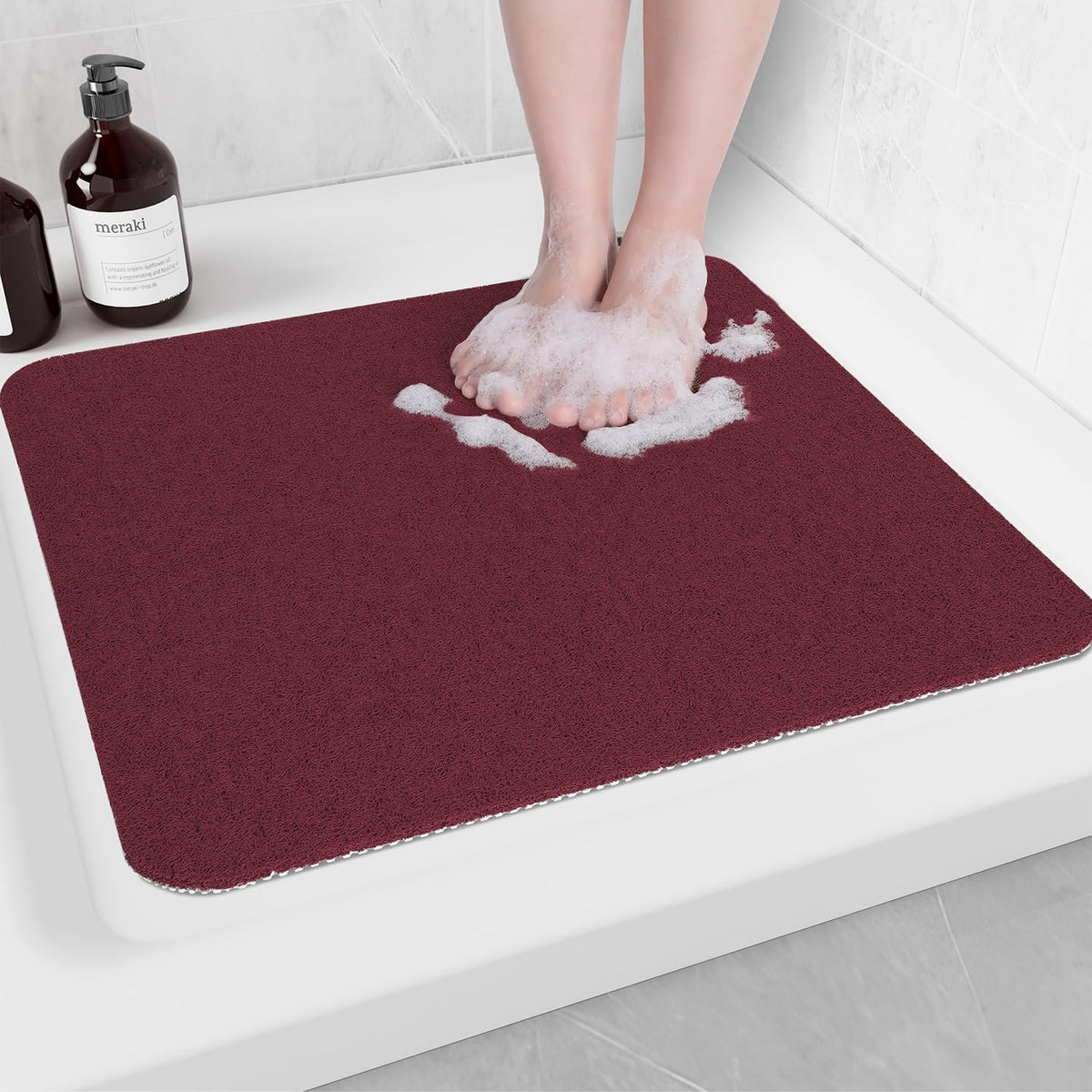 Non-Slip Bathtub Mat, Anti Slip Shower Mat, Fast Drying Bathtub Mats, Foot Scrubber Mat, Anti Slip Mat for Tub, Floor, Bathroom, Kitchen, Home, Hotel (Wine Red 24"×24")