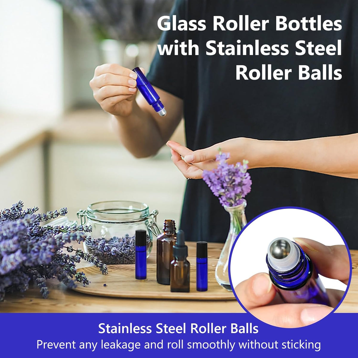 KEYWING 54 Pack Blue Essential Oil Roller Bottles – 10ml Glass Roll-On Bottles with Stainless Steel Roller Balls & Caps, Refillable Perfume Containers for Travel & DIY