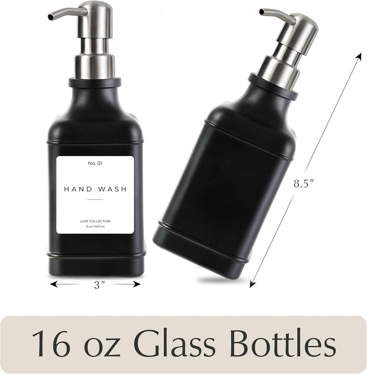 Emerson Essentials Soap Dispenser, Dish Soap Dispenser, Soap Bottle Bathroom Set, Hand Soap Farmhouse, Kitchen Soap Bottles - Glass Soap Dispenser with Pump and Labels, 16 Oz, 2 Pack