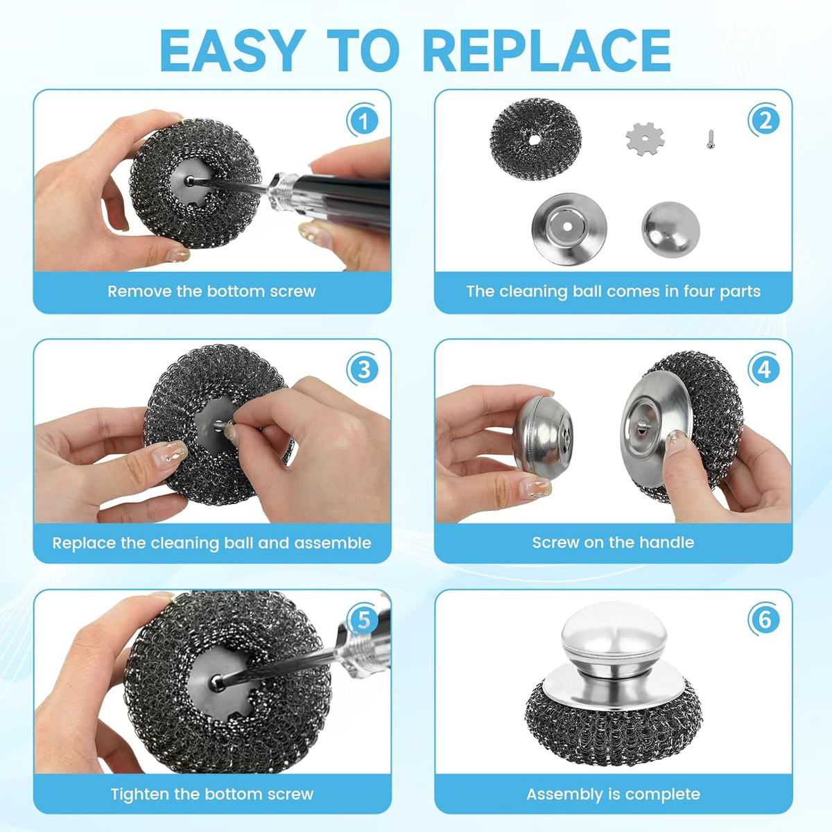 6Pcs Steel Wool Scrubber, Stainless Steel Scrubber with Handle for Cleaning Kitchen and Household Stubborn Messes from Stoves Pans Pots Grill Sink with Replacement Wire Brush Set (2 Pcs+4 Replacement)