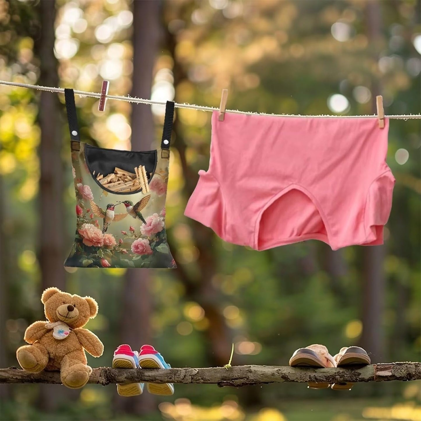 Clothespin Bag, Laundry Hanging Bag Fits Clothes Lines for Hanging Clothes Outside Balcony Bathroom Corridor Yard - Hummingbird Pattern