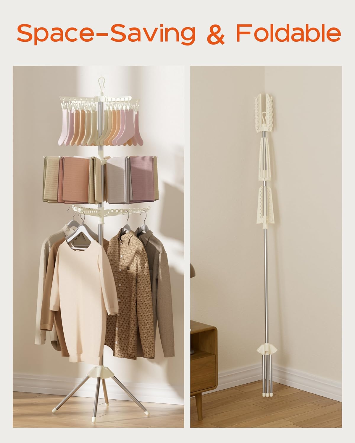 Clothes Drying Rack Foldable, 79.5 inch 3 Tier Laundry Drying Rack with Rotating Clothes Rail for 27 Pieces of Clothes and 24 Clips for Hanging Socks,Space Saving, White and Silver CDR003W01