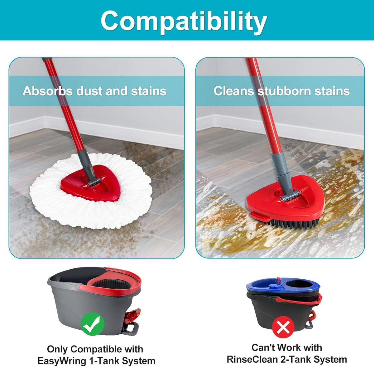 Spin Mop Replace Head, Base, Mop Handle Replacement for OCedar EasyWring 1 Tank System, Include 2 Microfiber Mop Head Replacement, 1 Sturdy Iron 30-58" Mop Handle, 1 Scrubber Head, 1 Spin Base