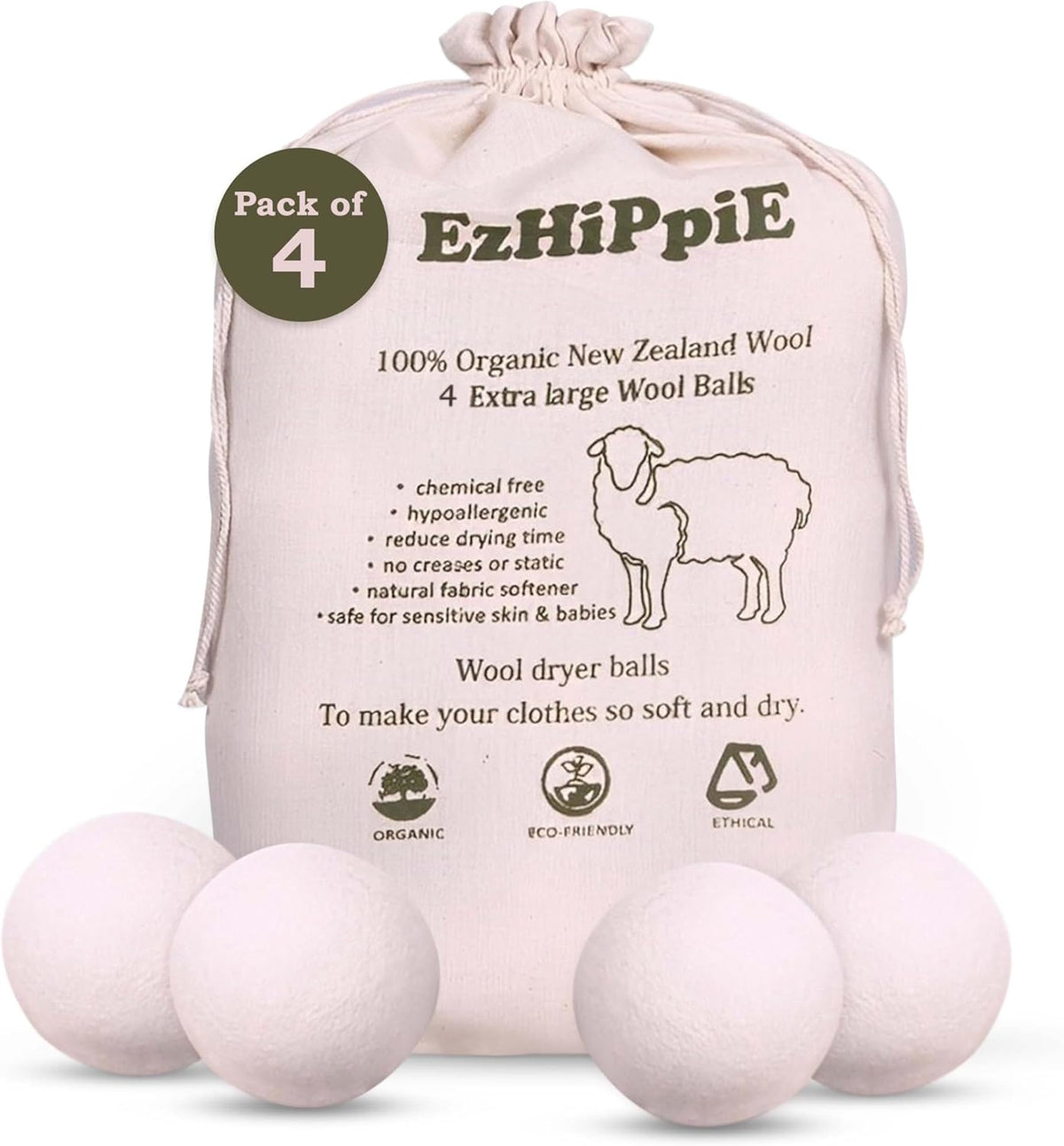 Ezhippie Quality Wool Dryer Balls - 4 XL Pack - 1000+ Loads - Pure Organic Wool - Reusable Natural Fabric Softener Perfect with Essential Oils, Reduce Clothing Static and Wrinkles