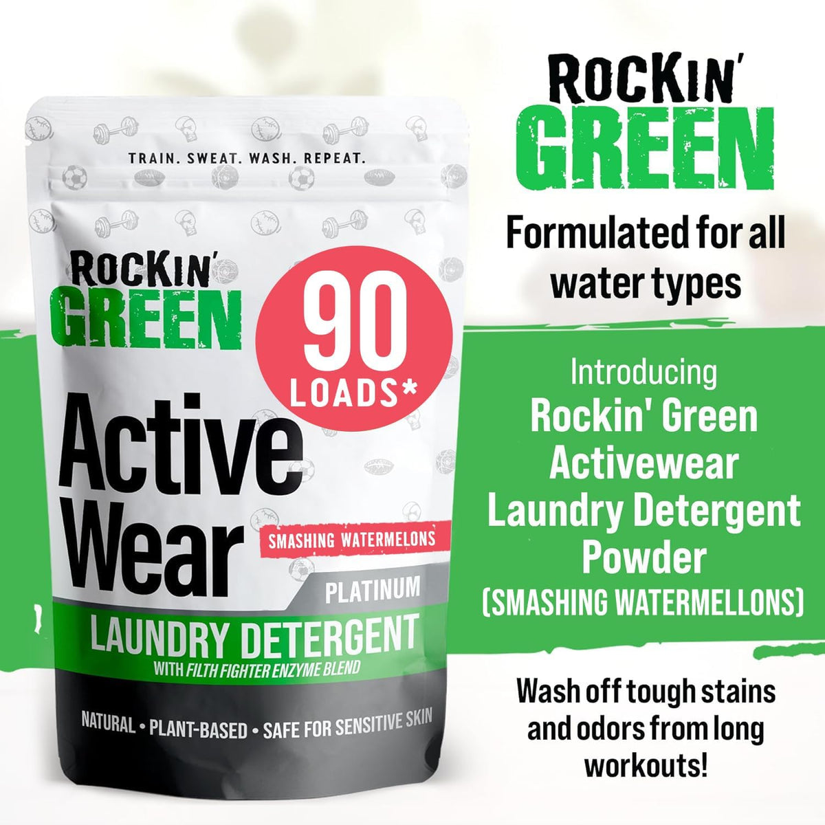 Rockin' Green Laundry Detergent, Plant based, All Natural Laundry Detergent Powder, Vegan and Biodegradable Odor Fighter, Safe for Sensitive Skin (Active Wear 90 Loads - Smashing Watermelons)