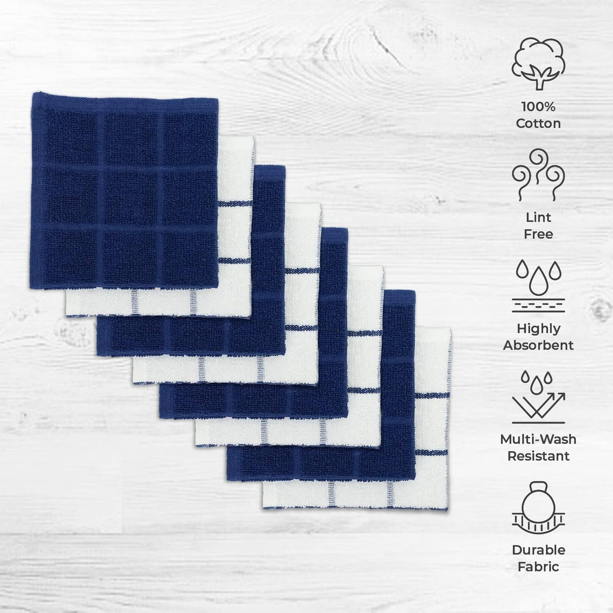 100% Cotton Terry Dish Cloth & Dish Towel, 6 Pack, Super Soft and Absorbent Kitchen Towels, Perfect for Kitchen Cleaning and Dish Washing (Navy (Solid and Check) 8 Pack)