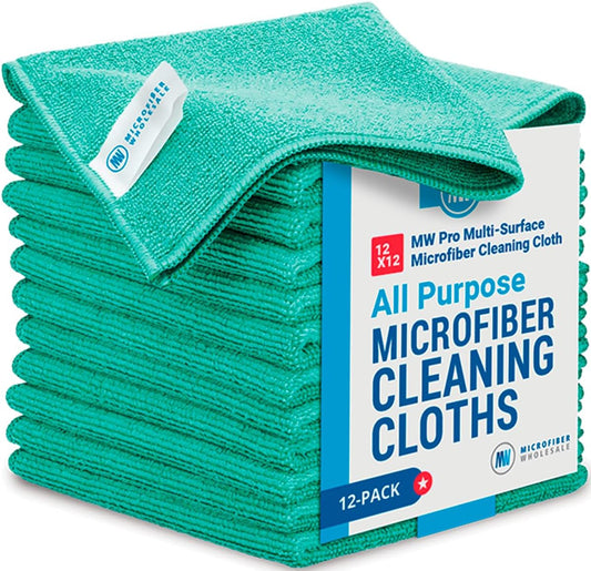 12" x 12" MW Pro Multi-Surface Microfiber Cleaning Cloths | Green - 12 Pack | Premium Microfiber Towels for Cleaning Glass, Kitchens, Bathrooms, Automotive, Supplies & Products