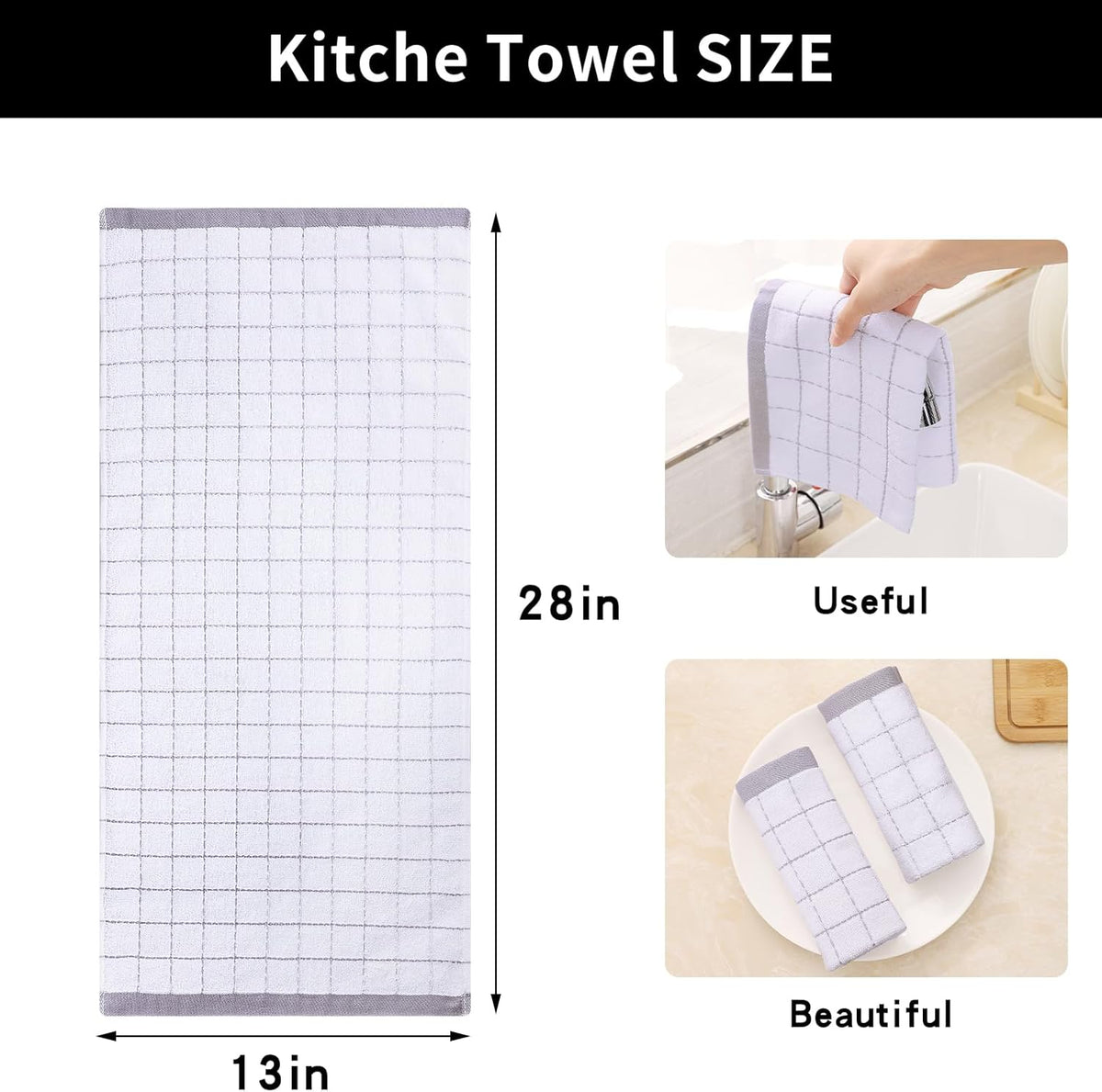 Homaxy 100% Cotton Terry Kitchen Towels(White, 13 x 28 inches), Checkered Designed, Soft and Super Absorbent Dish Towels, 12 Pack