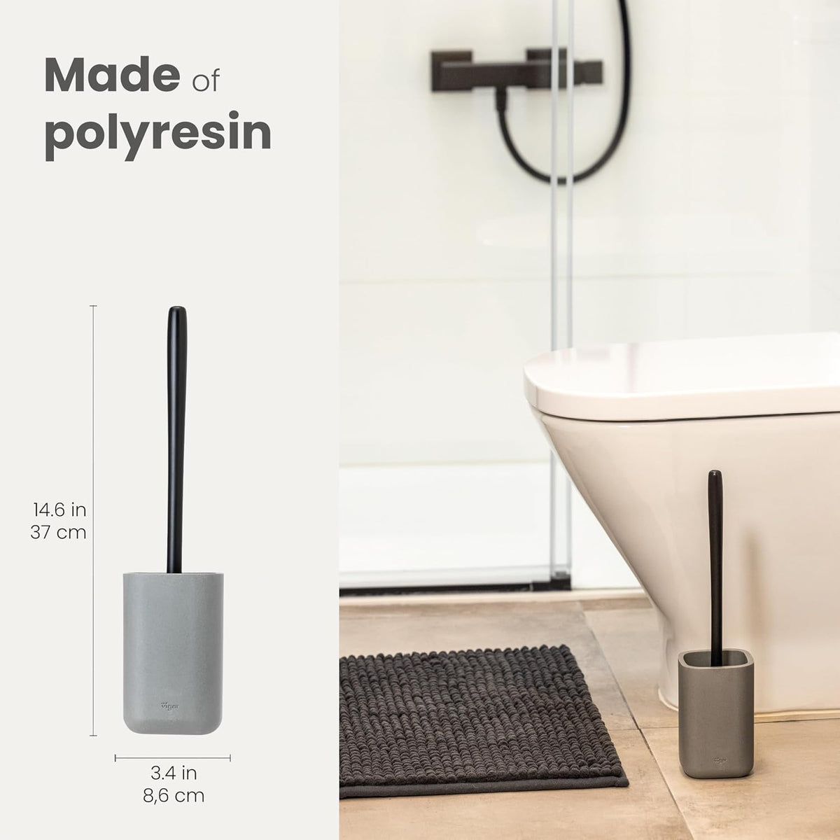 Vigar Zense Toilet Brush and Holder Set, Toilet Bowl Brush with Polyresin Stone Holder, Bathroom Sets for Bathroom Decor and Accessories, Concrete