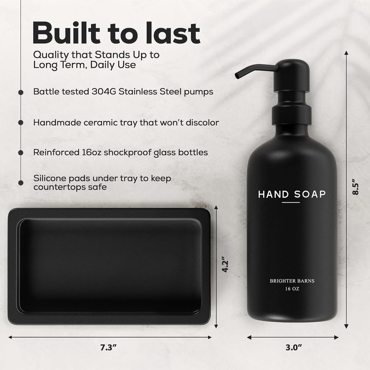Black Glass Soap and Lotion Dispenser Set with Tray by Brighter Barns - Hand Soap Dispenser Bathroom Set & Stainless Steel Pump for Home - Modern Bathroom Accessories, Modern Decor (Black)