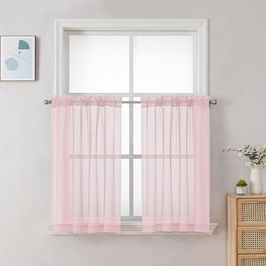 Chyhomenyc Sheer Curtains 24 Inch Length, Small Window Curtains for Bathroom Living Room Basement, Voile Short Rod Pocket Curtain Tiers, 42in Wx 24in L, 2 PCS, Blush Pink