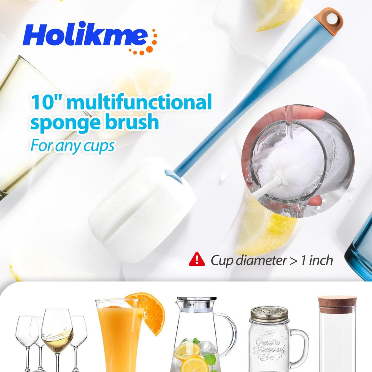 Holikme Bottle Brush Tube Cleaning Lab Set with Long Handle, Cup Cleaner for Washing Narrow Neck Beer Wine Decanter Pipes Lids Sinks Cap Covers, Azul
