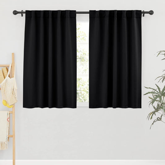 RYB HOME Small Window Curtains Blackout, Privacy Thermal Insulating Drapes for Bedroom Bathroom Basement Cafe Classroom Window Decor, W 34 x L 45 inches, Black, 2 Panels