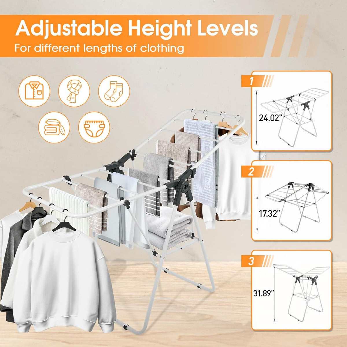 Clothes Drying Rack, Metal Foldable Laundry Drying Rack, with Adjustable Height Levels Wings, Space Saving, Indoor Outdoor Use, White Free-Standing Airer