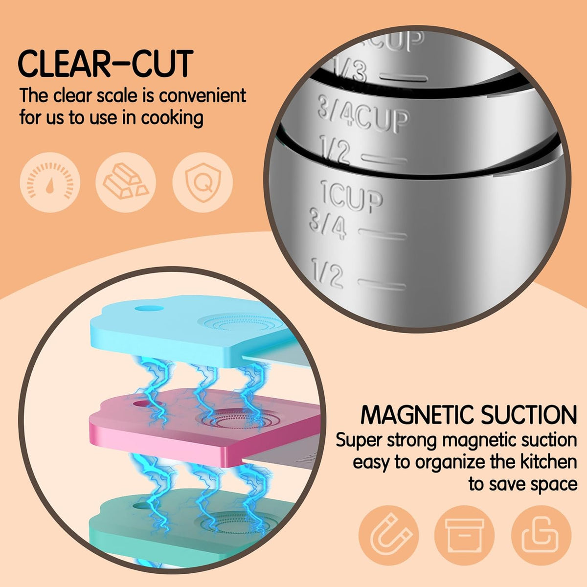Magnetic Measuring Cups, 6 Stainless Steel Nesting Measuring Cup Set for Measuring Dry or Liquid Ingredients