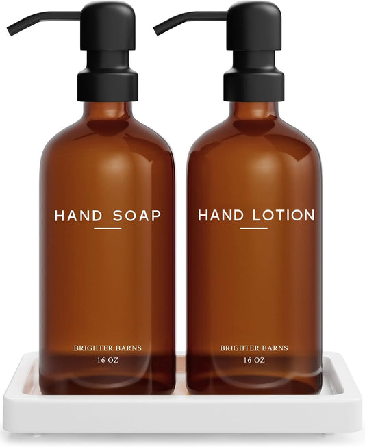 Amber Glass Soap and Lotion Dispenser Set with Tray by Brighter Barns - Hand Soap Dispenser Bathroom Set & Stainless Steel Pump for Home, Restaurant, Spa - Neutral Bathroom Decor & Accessories (Amber)