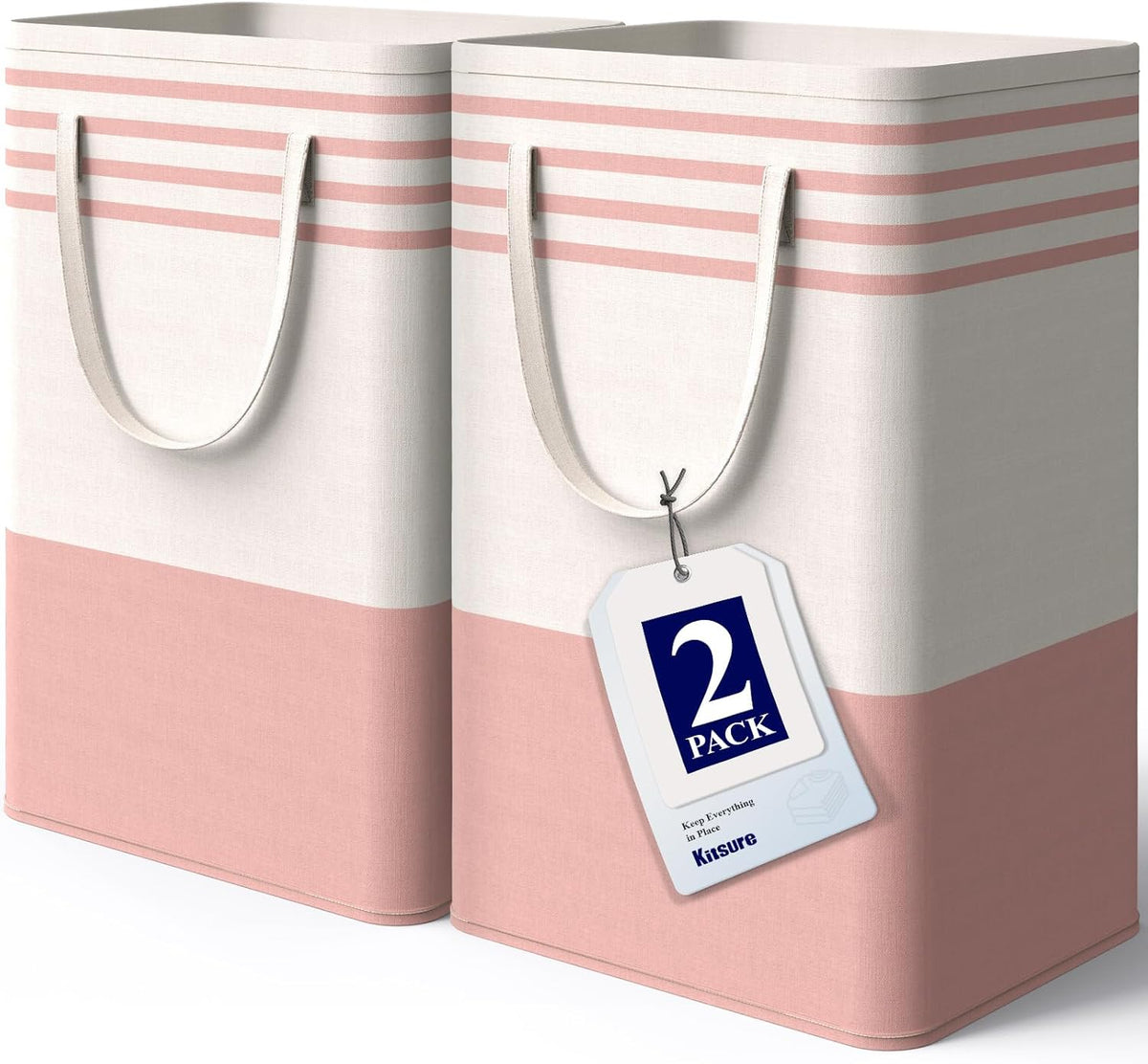 Kitsure Laundry Hamper - 2-Pack Collapsible Laundry Baskets with Well-Stitched Handles, Free-Standing Clothes Hamper with Rigid Top Edge for Household, Dorm Use, 2 x 75L, Pink