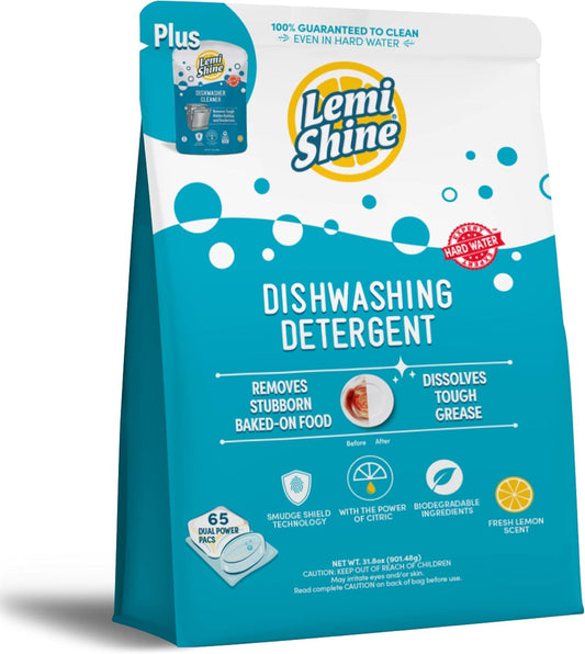 Lemi Shine Natural Dishwasher Detergent Pods with Dishwasher Cleaner Pouch - Eco Friendly Cleaning Supplies - 31.8 oz (65 Count)