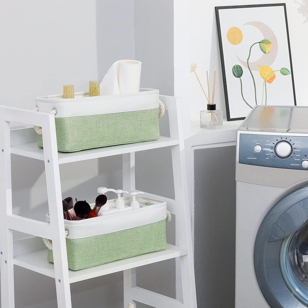 DULLEMELO Toilet Paper Storage Basket, Toilet Paper Basket for Back of Toilet, Bathroom Storage Basket for Cosmetics Towels Toilet Paper, Toilet Tank Basket with Rope Handles for Toilet(White&Green)