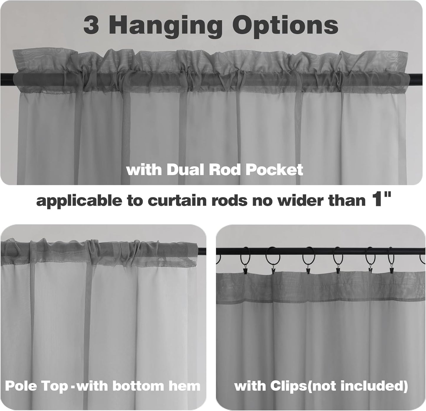 Chyhomenyc Extra Long Sheer Curtain Panels 96 Inches, 2 PCS, Voile Top Dual Rod Pockets Soft Touching Window Drapes Treatment for Children Room/Bedroom/Living Room/Hotel, 42W x 96L inch, Charcoal Grey