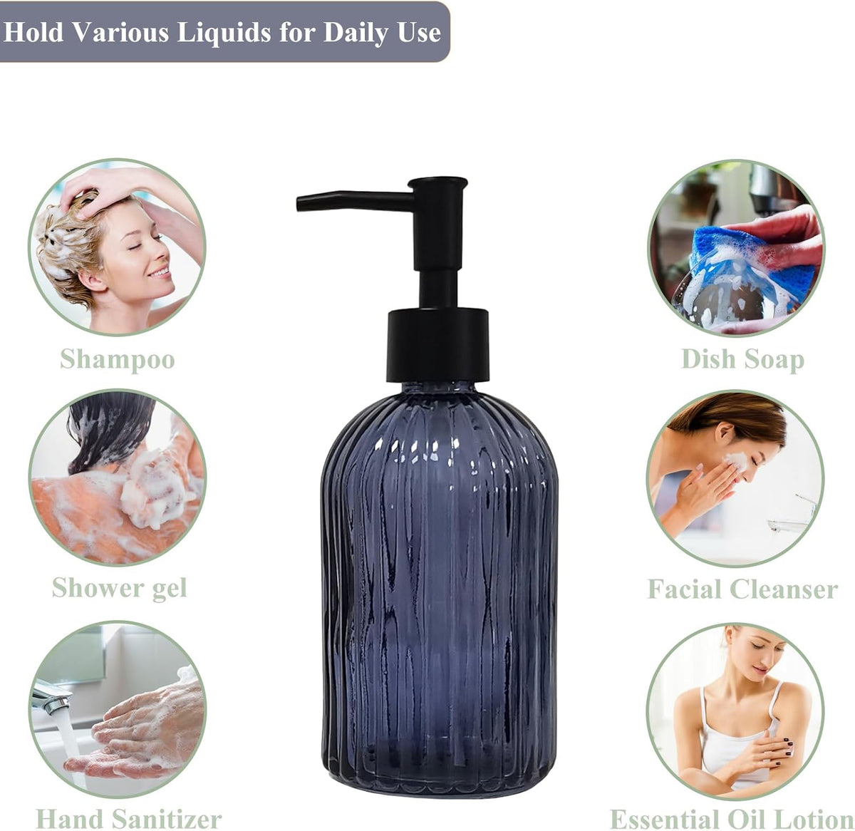 Glass Soap Dispenser with Black Plastic Pump, 13.5oz Refillable Hand Soap Dispenser for Kitchen, Bathroom, Great for Lotions, Essential Oil, Liquid Soap(Grayish Blue)