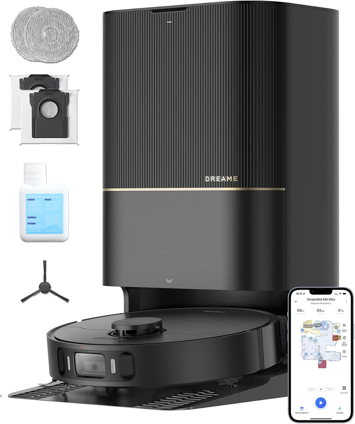 DREAME X40 Ultra Robot Vacuum with Detachable & Liftable Mop, Self-Emptying Robot Vacuum and Mop Combo with Side Brush, 12,000 Pa Suction, 158°F Self-Cleaning and Self-Drying Mop, Auto Water Filling