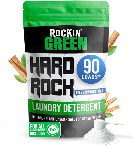 Rockin' Green Hard Rock Laundry Detergent for Hard Water (90 Loads), Plant based, Natural Laundry Detergent Powder, Biodegradable Odor Fighter, Safe for Sensitive Skin, 45 oz (Freshwood Mac)